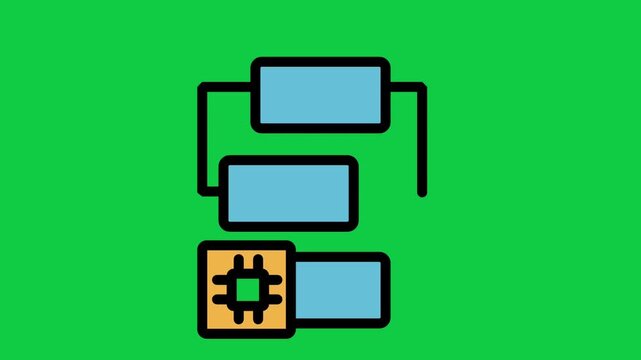 Flowchart Microchip Motion Icon. Animated workflow flowchart icon connected to microchip processor symbol for algorithm processing, data structure, and programming logic.