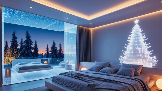 Futuristic bedroom with glowing holographic Christmas tree and snowy window view. Modern sci-fi interior design