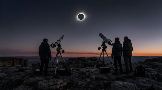 Astronomers with telescopes watching eclipse from rocky mountain.