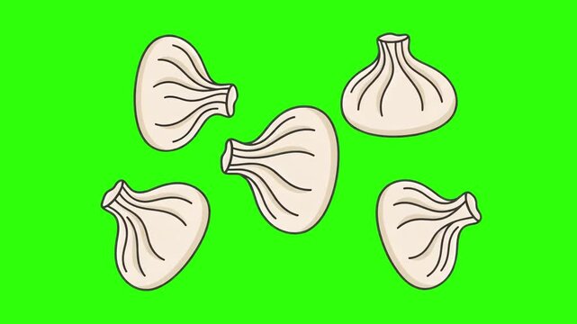 A pattern of traditional Georgian khinkali meat dumplings floating dynamically against a chroma key green backdrop. Ideal for restaurant menus, Georgian cuisine promos, cooking show overlays, and food