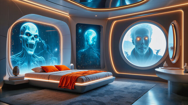 Futuristic bedroom with glowing blue holograms of skeletons and faces. Sci-fi interior with orange bedding