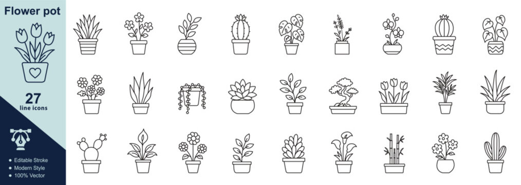 Flower pot line icon set. House plants linear design. plant Pot icons vector illustrations in strokes lines