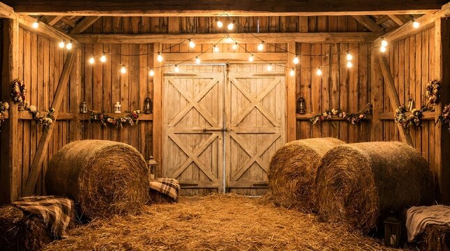 Rustic wooden barn interior decorated with round hay bales and warm string lights for event