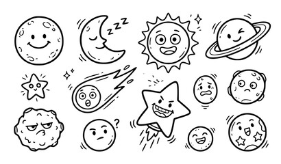 Fototapeta premium Cute Cartoon Planet and Star Doodle Characters Vector Collection with Smiling Moon and Sun