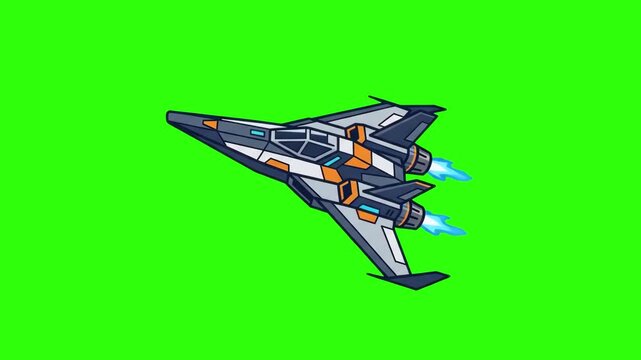 A futuristic space fighter jet with burning blue thruster engines flying across a solid green keying background. Designed as a keyable visual asset for sci-fi video games, animated series, action scen