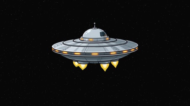 A retro-styled alien UFO spaceship hovering with glowing thrusters against a dark starry space background. Suitable for science fiction animations, alien invasion themes, conspiracy concept videos, an