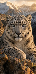 Fototapeta premium Vertical portrait of a snow leopard resting on rocks. Close up of a spotted big cat in snowy mountains
