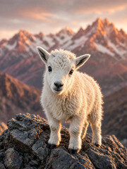 Fototapeta premium Vertical portrait of a white baby mountain goat standing on a rock. Fluffy wild kid in an alpine landscape at sunset