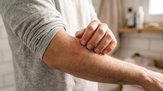 Man scratching itchy red rash eczema on his arm in bathroom interior with skin condition skin disease skin irritation allergic reaction atopic dermatitis body care