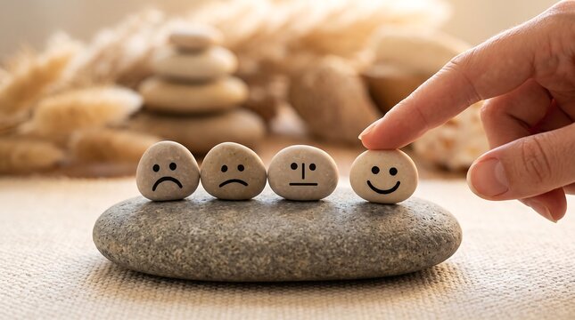 Stones with painted faces showing different emotions from sadness to happiness representing mood change face emotions sad stones mental health emotional state