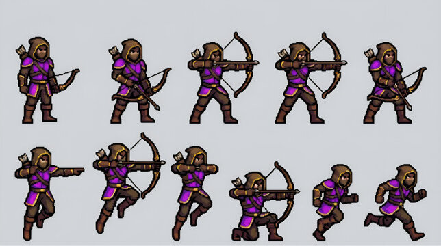 Fantasy Rogue Archer Character Pixel Art Poses