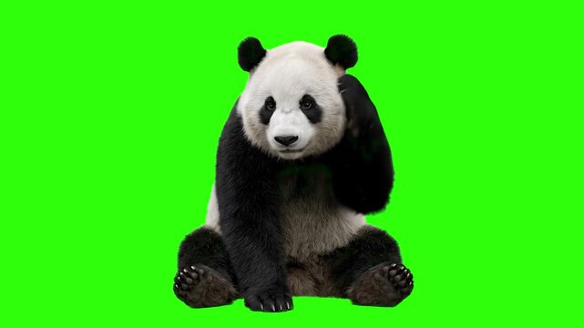 A cute giant panda sitting down and scratching its ear/head in confusion on a chroma key green backdrop. Perfect for funny wildlife edits, confused panda memes, children's educational content, and vid