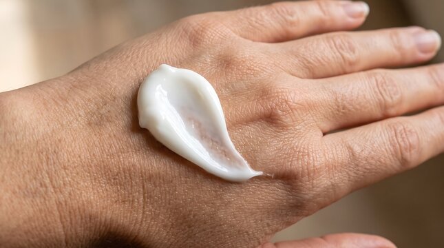 White moisturizing lotion drop being squeezed onto a smeared cream on a hand with cosmetic cream moisturizer squeeze skin care cream smear beauty product body care