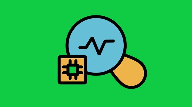 Data Analytics Motion Icon. Animated magnifying glass icon with microchip processing financial pulse line for data analysis, market research, and insights.