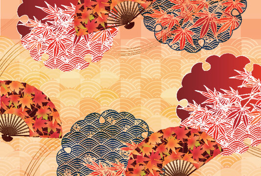 Elegant Japanese Folding Fan Design with Red Autumn Maple Leaves