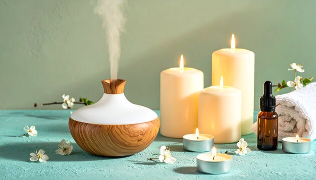 Aromatherapy diffuser with rising mist, candles, essential oil bottle, white towel and delicate blossoms creating a peaceful spa setting.