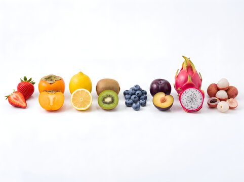 Horizontal line of whole and sliced exotic fruits including berries and citrus on white.