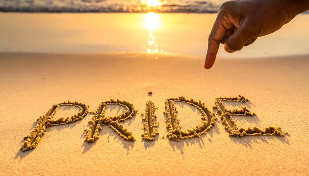 PRIDE spelled in sand on a sunlit beach, with a hand reaching down toward the lettering and warm golden reflections across the shoreline.
