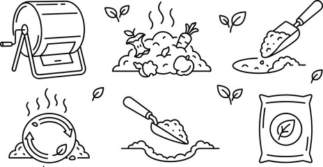 Fototapeta premium Organic Composting and Eco Friendly Gardening Line Icon Set featuring Food Waste Recycling, Compost Bin, Soil Fertilizer, and Trowel Tools Vector Illustrations