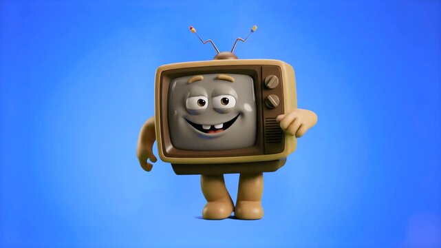 A friendly 3D cartoon vintage television character with cute face features and antennas standing cheerfully against a bright blue backdrop. Suitable for retro broadcast intros, television channel prom