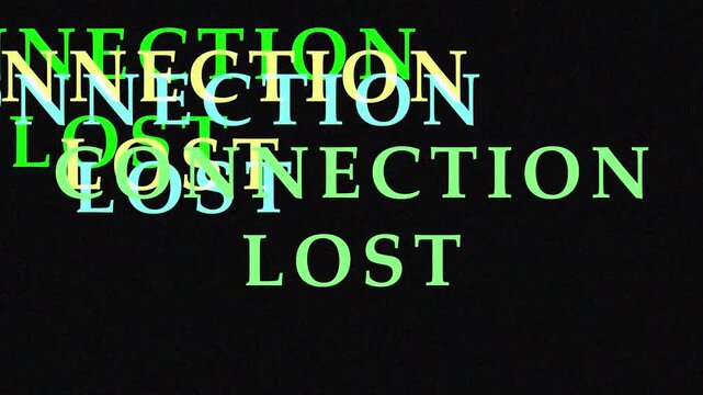 Digital glitch effect applied to connection lost text during network disruption with vibrant color distortion