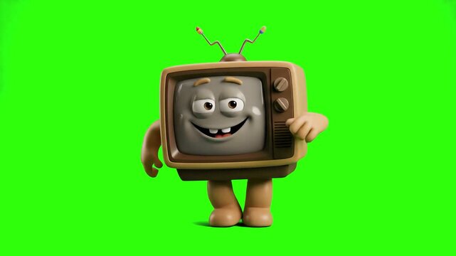 A friendly 3D animated television character with a smiling face waving hello against a solid green keying background. Perfect for retro media content, broadcast graphics, advertising, and children's v
