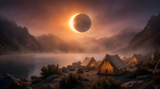 Camping tents under solar eclipse in mountain valley.