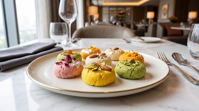 Colorful Bengali Sandesh Sweets with Pistachio Saffron and Rose Garnishes