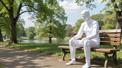 Fototapeta premium An elderly man in a white suit sits on a wooden bench overlooking a lake.