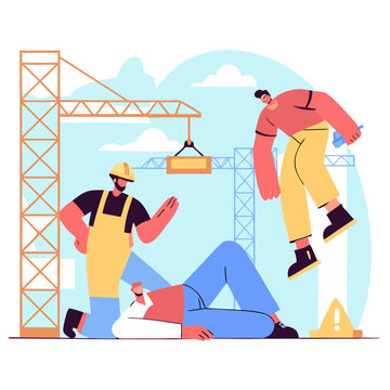 Construction workers collaborating on a building site with cranes and a lifted load. One worker is on the ground, another is kneeling, and a third is suspended in the air.