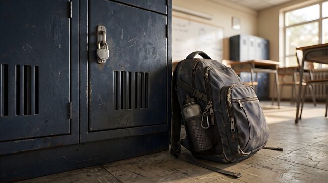 A solitary backpack rests against a weathered blue locker in a sunlit, empty classroom, quietly awaiting the next school day or signaling the close of another