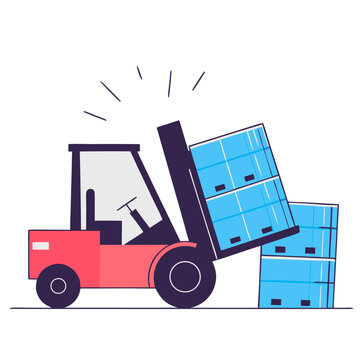 A red forklift is lifting a stack of blue boxes. Another stack of boxes is on the right side 
