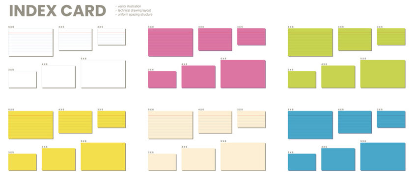 colorful labeled cards combine lined and unruled rectangular surfaces on white. Suitable for study organizers flashcards filing labels printable notes organization projects planning