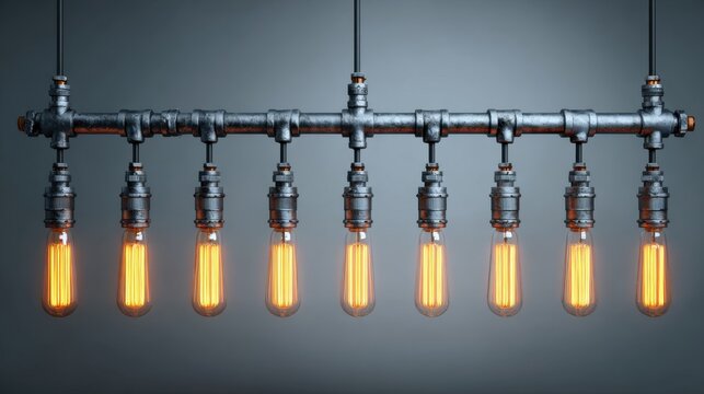 Industrial Style Pendant Light Fixture with Edison Bulbs Hanging from Metal Pipe Design in Dark Background