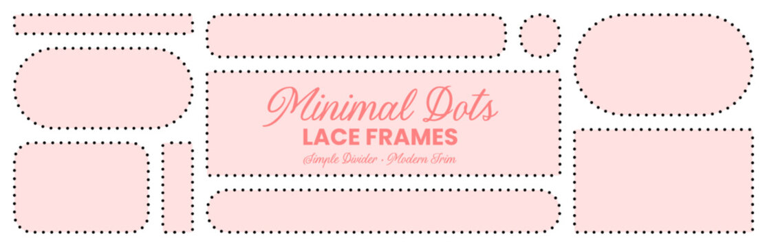 Pink dot lace border frame set with oval rectangle circle pill shapes, minimal perforated trim isolated on white background vector art for invitations labels cards scrapbooking wedding stationery.