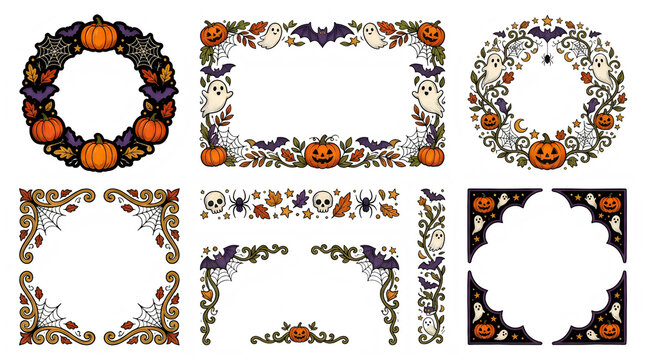 Halloween decorative frames and borders set, spooky pumpkin and ghost wreath collection, autumn holiday floral design elements Halloween,PNG