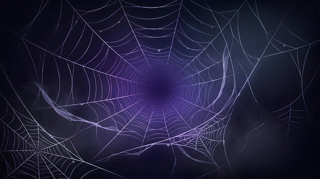 Abstract glowing purple spider web tunnel against a dark background, mysterious digital network, spooky Halloween background, Halloween.
