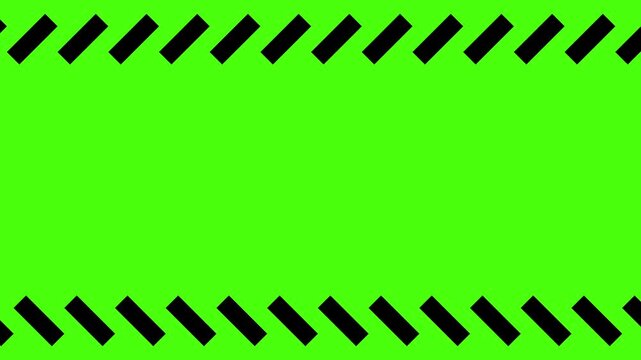 Diagonal filmstrip border frame overlay with green screen chroma key background. hazard tape.