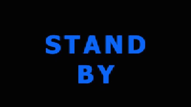 Digital standby text with glowing blue heart logo during dark cinematic motion