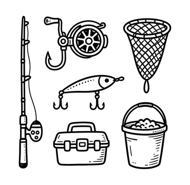 Set of Fishing Gear Elements for Outdoor Recreation Hand-Drawn Black Illustration