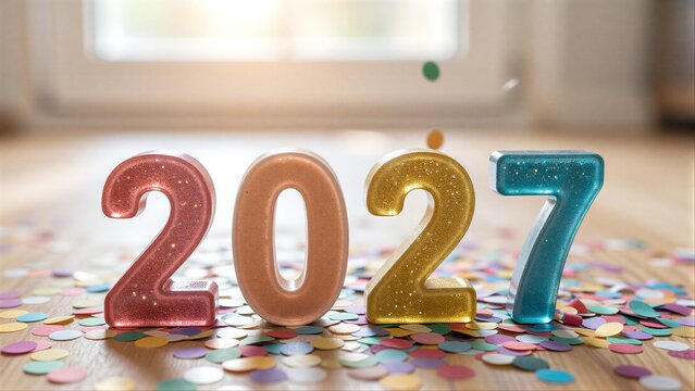 Colorful confetti celebrating the New Year with the numbers 2027