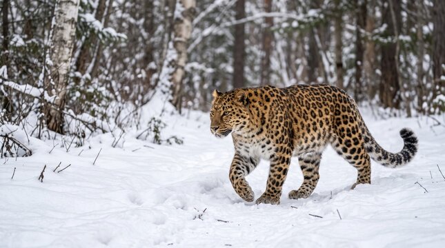 leopard walking through the deep snow in a cold winter forest landscape