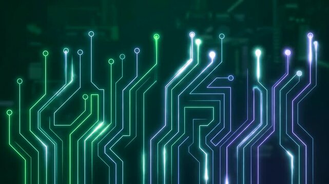 A sleek futuristic background depicting glowing green and cyan digital circuit board traces moving vertically across a dark technical surface. Excellent for cybersecurity presentations, artificial int