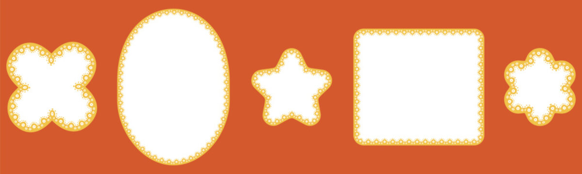 Gold eyelet lace frames outline quatrefoil, vertical oval, star, rounded rectangle plus flower shapes with scalloped dotted trim on burnt orange background vector art for vintage cottagecore labels.