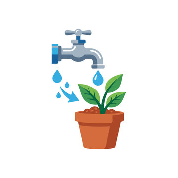 Water faucet watering a young green plant in a pot vector illustration. SVG Editable. Vector Illustrations.
