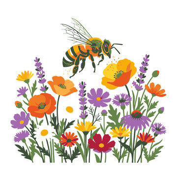 Watercolor bee flying over colorful meadow flowers vector illustration. SVG Editable. Vector Illustrations.