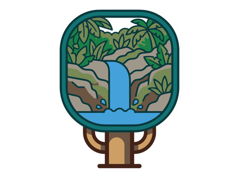 Waterfall nature landscape badge sticker design vector illustration. SVG Editable. Vector Illustrations.