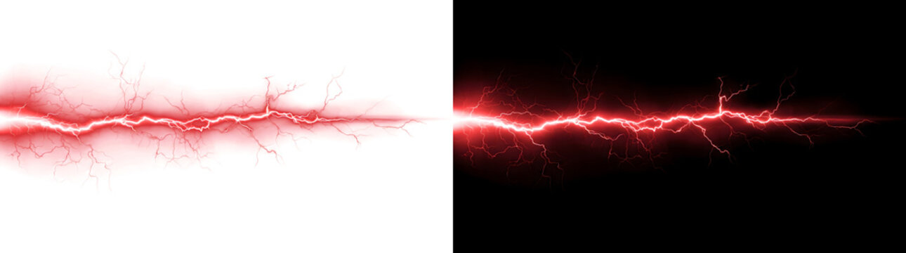 Red lightning bolt crackling with electric energy on black background ideal for dramatic power effects in PNG, Transparent and Black Background Versions