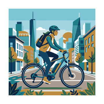 Woman riding an electric bicycle through a modern city street. SVG Editable. Vector Illustrations.