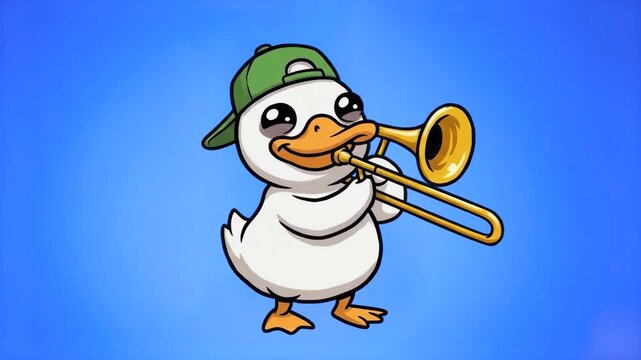 A cheerful cartoon duck character wearing a green backwards baseball cap while playing a brass trombone on a vibrant blue backdrop. Great for children's music videos, nursery rhymes, musical instrumen